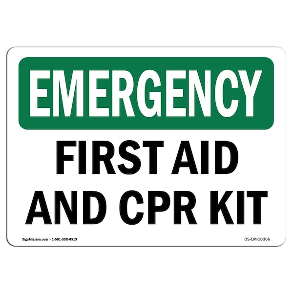 Safety Sign, OSHA EMERGENCY, 3.5" Height, First Aid And CPR Kit, Landscape, 10PK